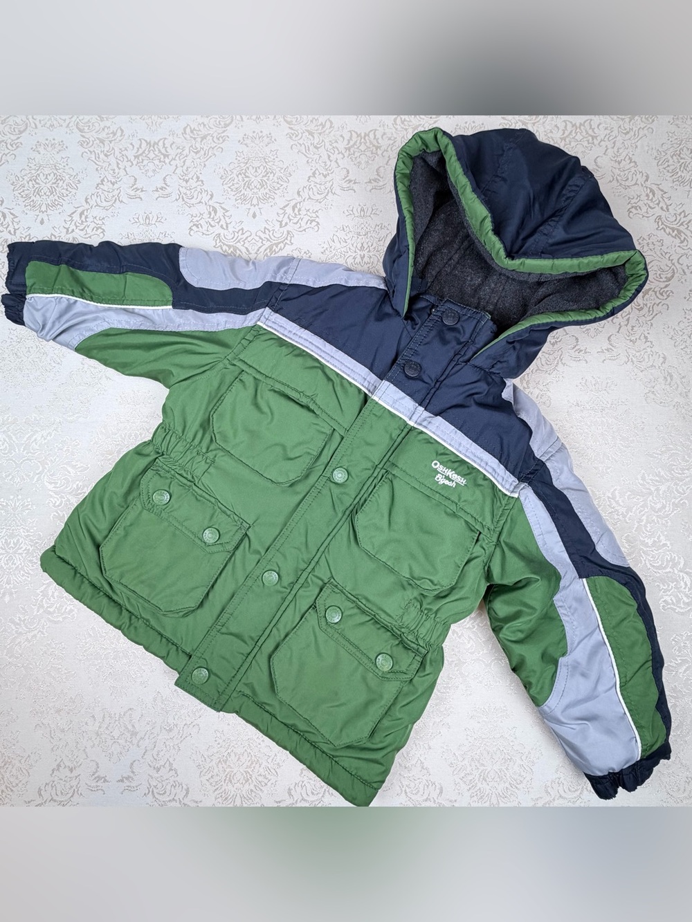 OshKosh B'gosh Green, Navy & Light Gray Hooded Puffer Jacket, 4T